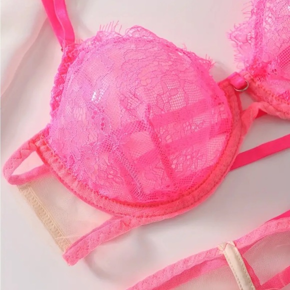 Neon Sherbet Floral Lace Strappy 3 Piece Lingerie Set - Picture 2 of 4